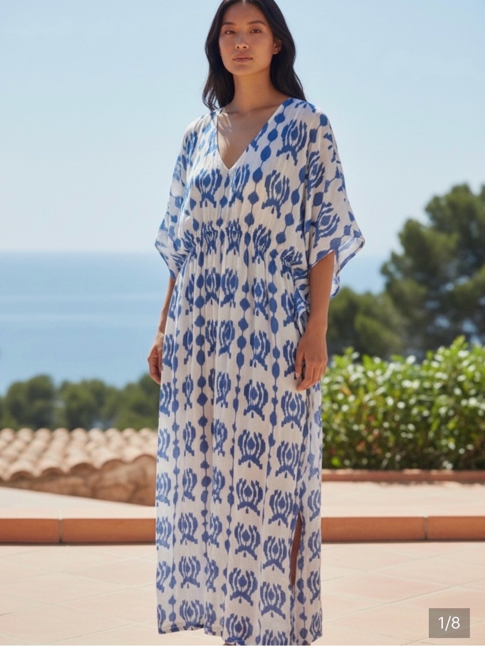 Cost Plus World Market Blue and White Ikat Maxi Caftan Cover Up Maxi Dress